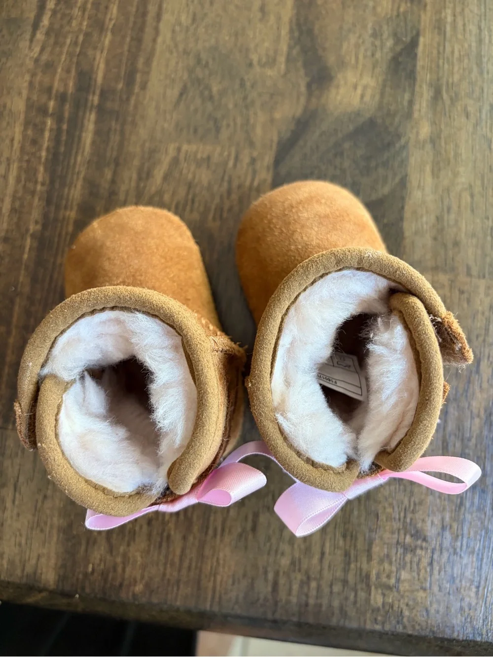 UGG Infant Brown Suede Booties with Pink Ribbon Bows